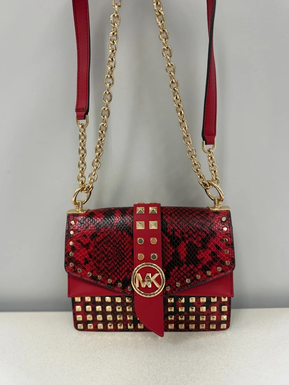 Michael Kors Greenwich Small Studded Snake-Embossed Leather Crossbody